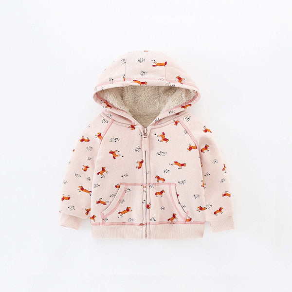 Baby Girl Cartoon Animal Pattern Zipper Front Design Fleece Thickened Coat